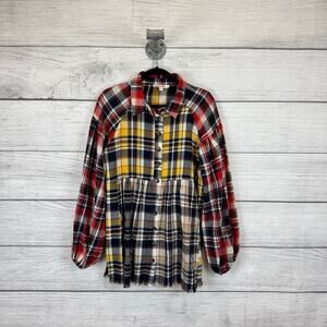 Mazik Women's Plaid Colorful Button Front Babydoll Flannel Top Size Small
